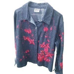 Women's Chico's Design Jean Jacket with Red Embroidery Size 2 (Large)